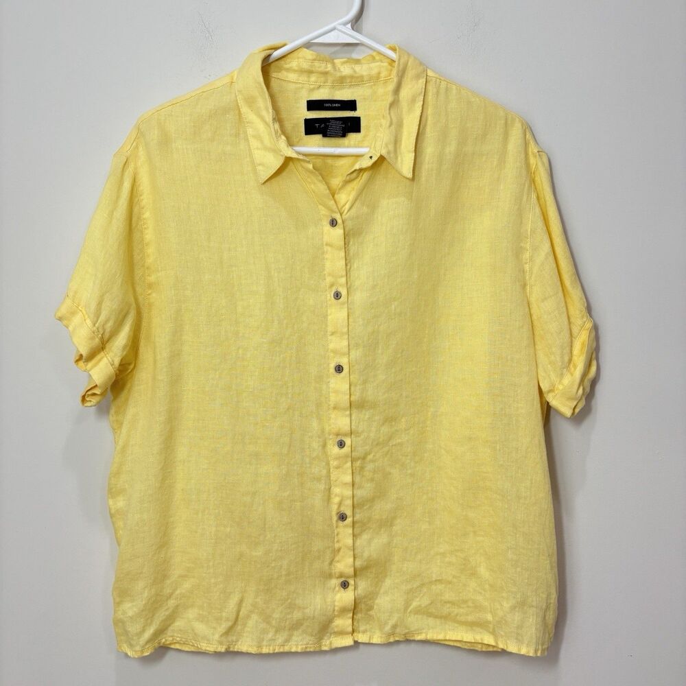 Tahari Yellow Linen Button Down Short Sleeve Blouse Size L Beachy Quiet Luxury